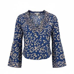 Free People On The Block Printed Wide Sleeve Top Medium Blue Boho Festival NWT